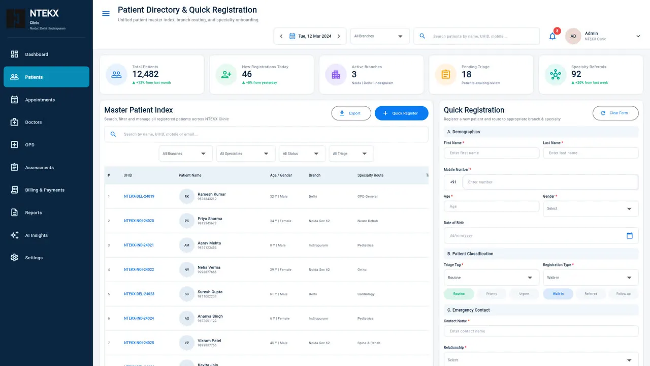 NTEKX Clinic patient directory and quick registration